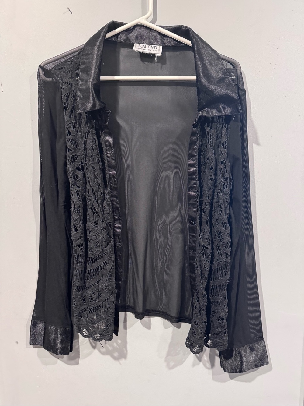 Black Sheer Button-Down with Lace Trim